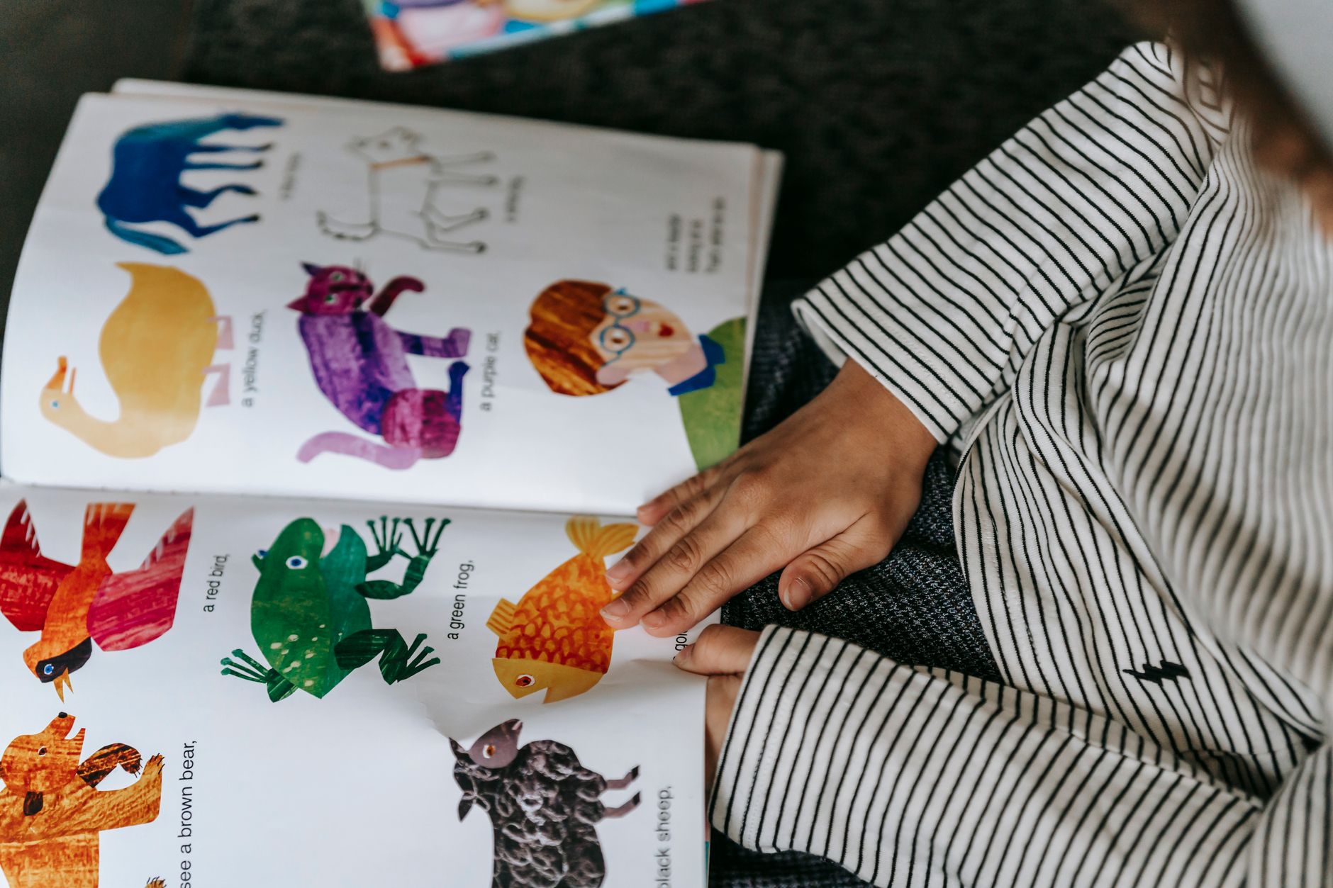 Un copil răsfoiește o carte ilustrată în engleză, cu animale colorate și câte o propoziție sub fiecare desen: urs, pasăre, broască, pește.