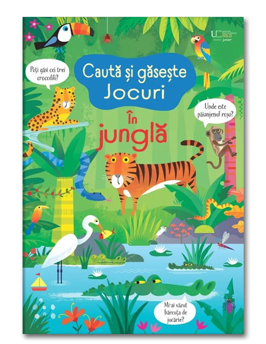 Coperta cărții Caută și găsește. Jocuri. În junglă: tigru, maimuță, crocodili și păsări, cu întrebări în baloane