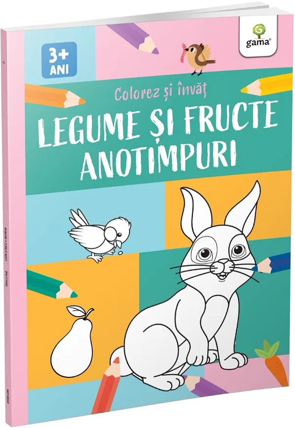 Coperta Colorez și învăț: un iepure de colorat, o pasăre, o pară, un morcov și creioane, pe fond roz și turcoaz, cu marca Gama și eticheta 3+ ani