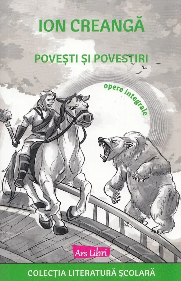Coperta Povești și povestiri, Ars Libri, colecția Literatura școlară: un călăreț și un urs, desen alb-negru