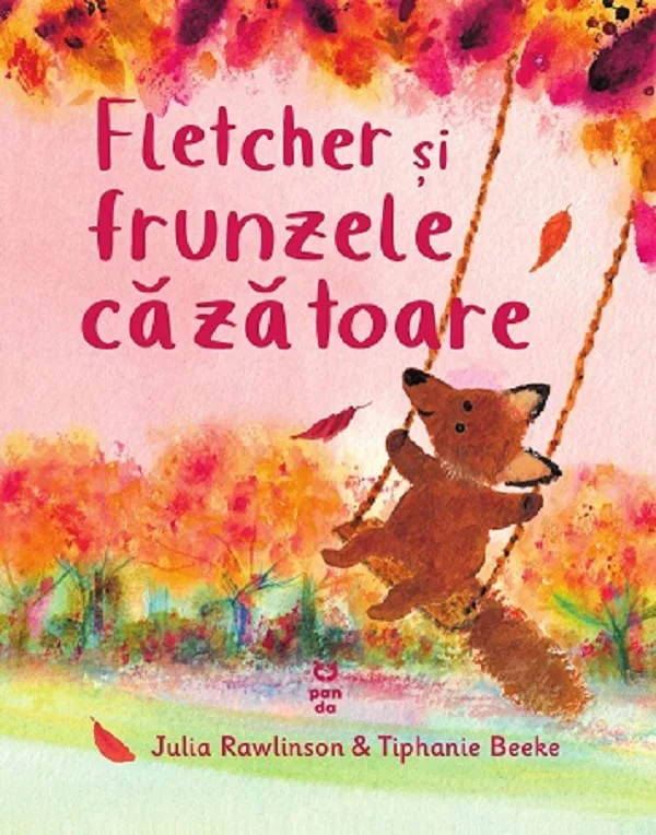 Coperta cărții „Fletcher și frunzele căzătoare”: o vulpe pe un leagăn, între copaci cu frunze colorate
