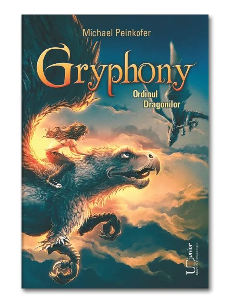 Coperta Gryphony: o fată călare pe un grifon, cu un dragon în zbor, pe un cer de apus