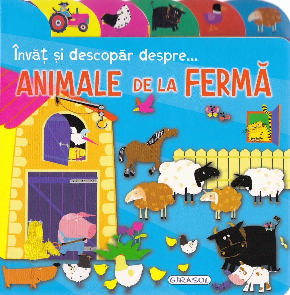Coperta „Învăț și descopăr despre animale de la fermă”: grajd, cal, oi, vacă, porc și pui, cu clapete colorate deasupra