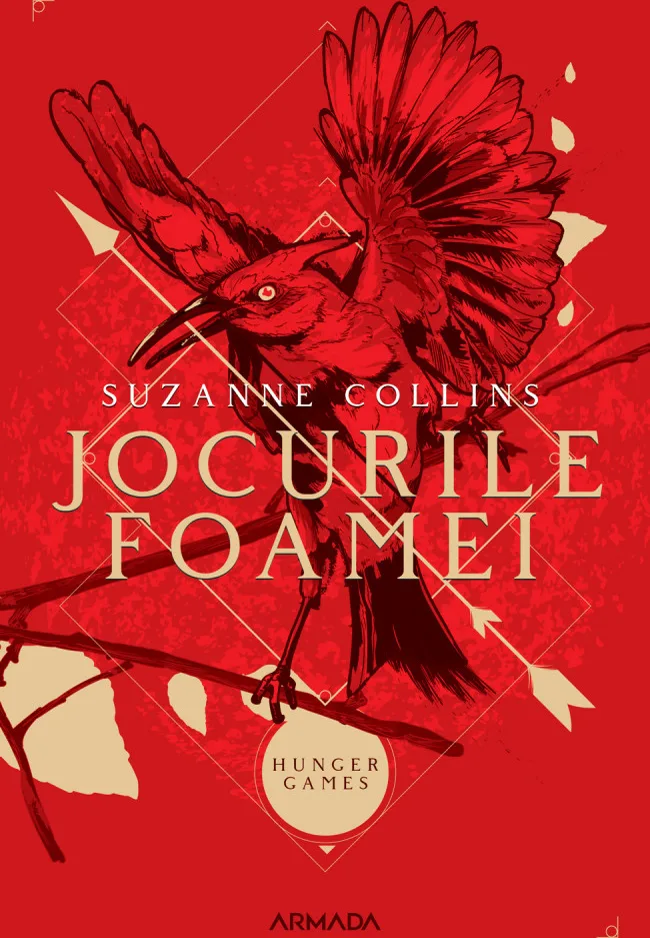 Coperta roșie „Jocurile foamei”: o pasăre cu aripile întinse, numele Suzanne Collins și editura Armada