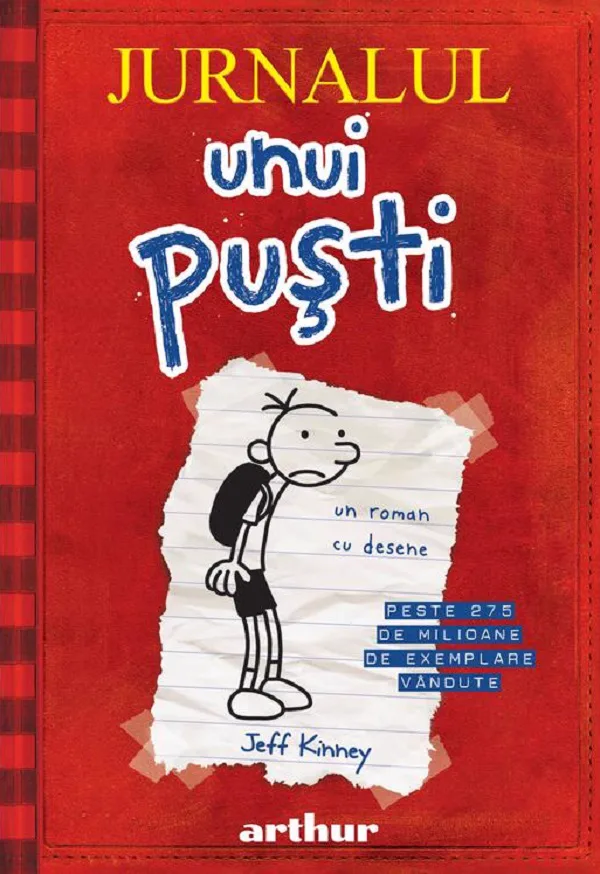 Coperta Jurnalul unui puști: copertă roșie ca un caiet, cu un băiat desenat în linii simple pe o foaie ruptă